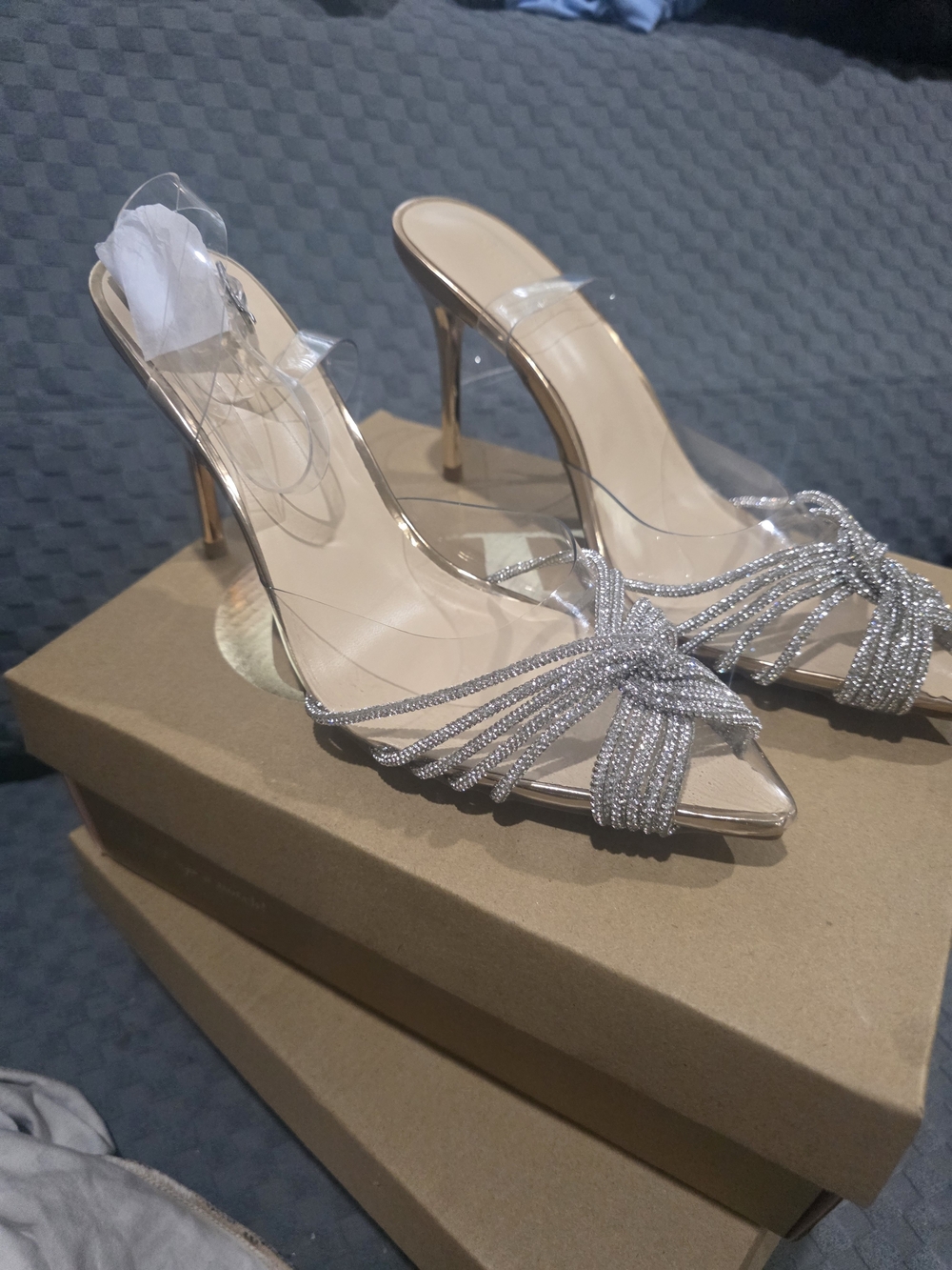 Clear Strap Rose Gold With Crystal Knot Stiletto Sandals -  Women